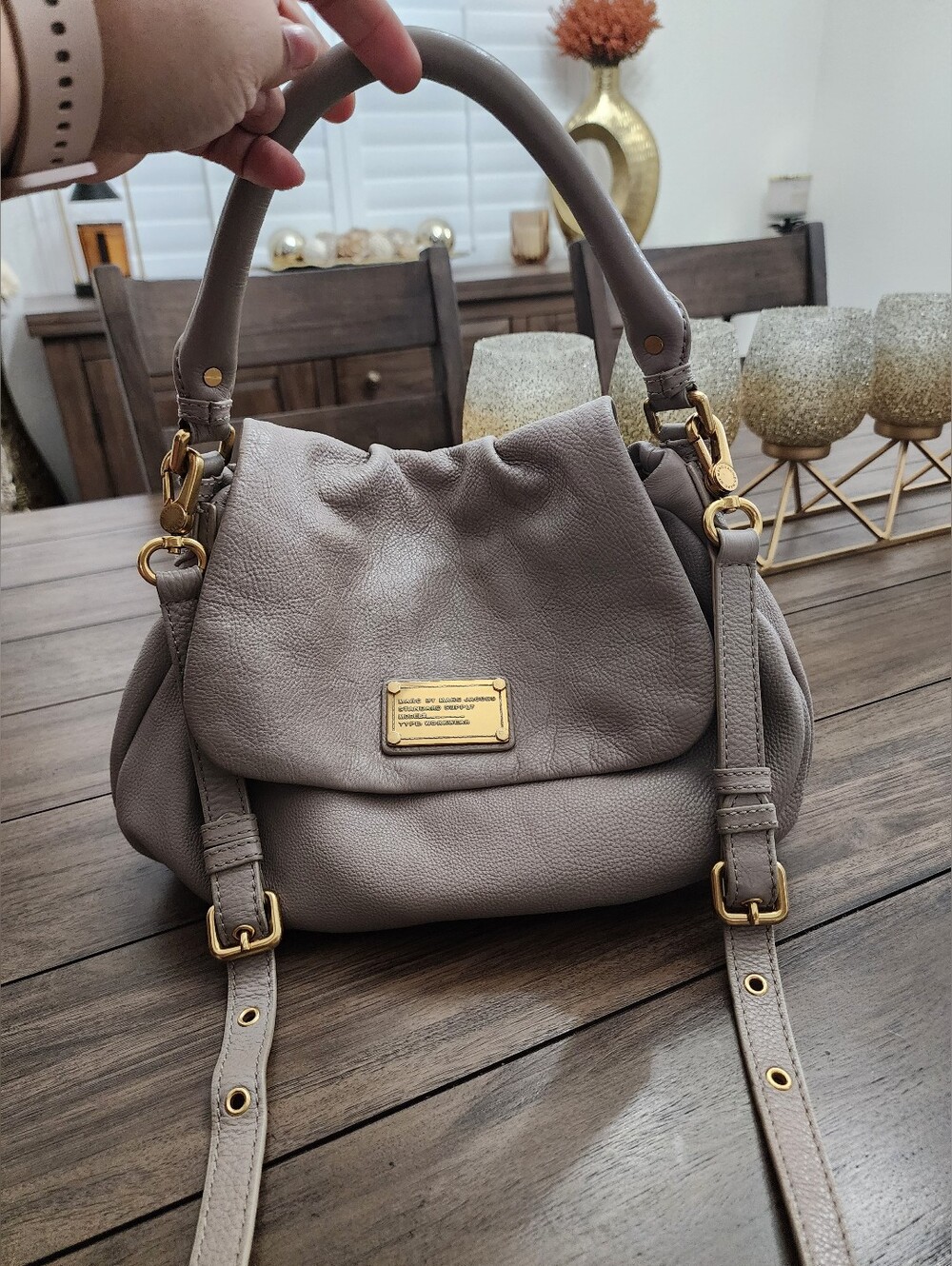 Marc Jacobs Leather Satchel Handbag in Taupe with Gold Hardware